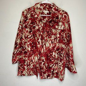 Coldwater Creek Women 16 Floral Snap Front Jacket Linen Red Beige Long Sleeve